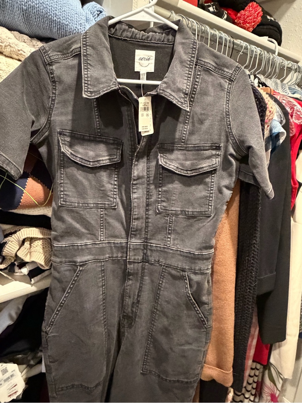 aerie Washed Gray Short-Sleeve Utility Jumpsuit